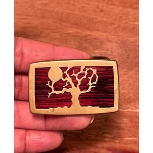 Vintage Brass with Inlaid Wood Tree with Full Moon or Sun Belt Buckle